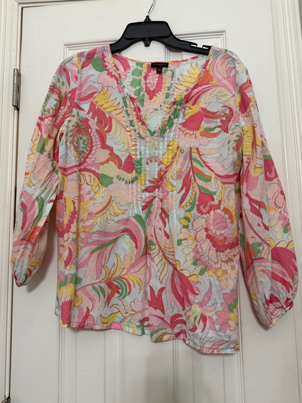 Talbots Floral V-Neck Blouse in Pink, Yellow and Green